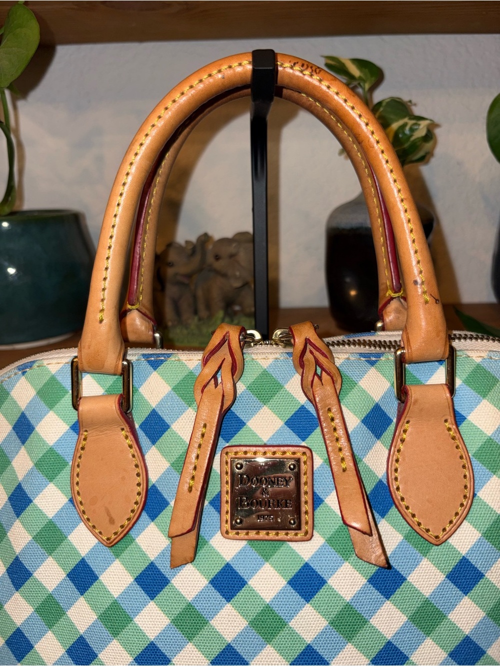 Dooney & Bourke Blue Green Gingham Coated Canvas Dome Satchel - Picture 2 of 13